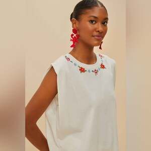 Farm Rio Off-White Cross Stitch Flowers Organic Cotton T-Shirt L